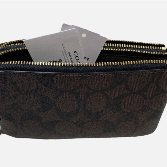NWT COACH DOUBLE Corner Zip Wristlet In Signature "C" Dark Brown Gold Accents - Picture 4 of 14